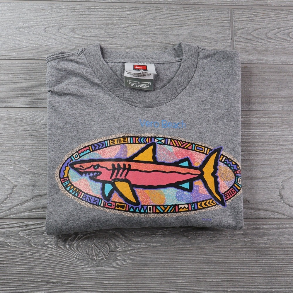 Vintage Nike Team T-Shirt Men's Large Gray Vero Beach Shark Graphic Y2K